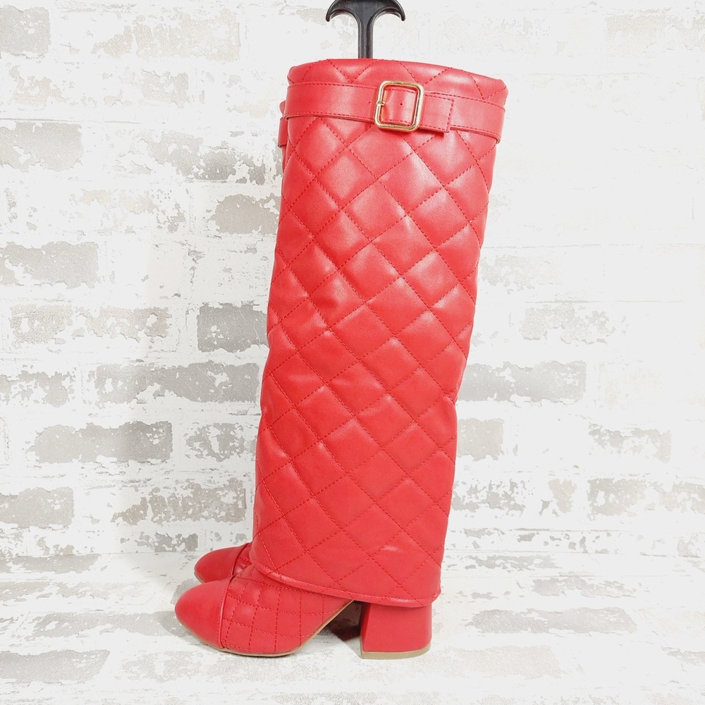 NEW Wild Diva Quilted Red Heeled Knee High Boots i758